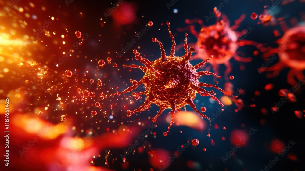 Poster a vibrant, digitally rendered image of a virus, showcasing its intricate structure and dynamic movem