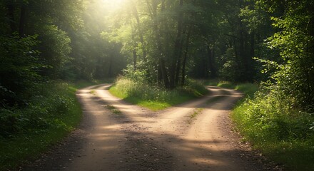 Obraz premium Dirt Road Splitting into Two Paths in a Lush Green Forest – Symbolizing Choices and Decisions in a Tranquil Natural Setting