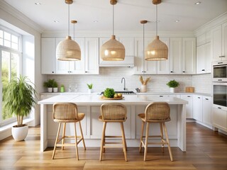 Modern White Kitchen, Rattan Bar Stools, Pendant Lights, Minimalist Interior, AI Photography