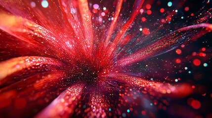 Dynamic crimson glitter explosion sparkling particle abstract firework burst glowing red pink cosmic aesthetic holiday design celebratory background event promotion backdrop clipart wallpaper shimmer