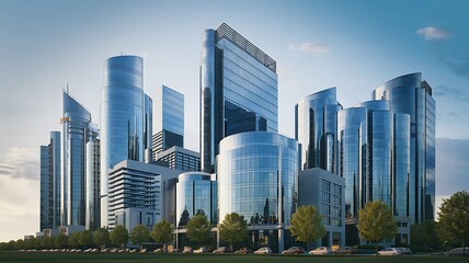 Obraz premium Modern city skyline, sunrise, business district, urban landscape, architecture