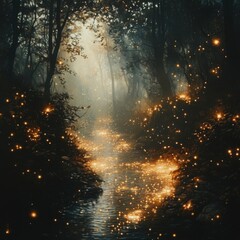 Naklejka premium Enchanted Forest Stream with Sparkling Lights