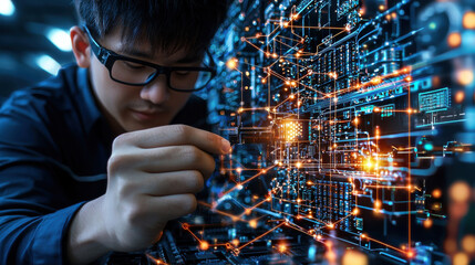 Engineer working on cloud computing hardware, connecting components with precision and focus, showcasing advanced technology and innovation in modern environment