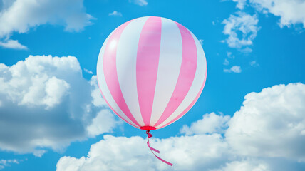 Fototapeta premium Dreamy Balloon in Cloudy Sky. Pink & white striped balloon floats against fluffy clouds. Romantic & whimsical. Carefree & lighthearted atmosphere