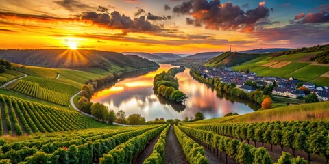 Fototapeta premium Moselle River Vineyards Silhouette, Wormeldange Luxembourg, Scenic Landscape