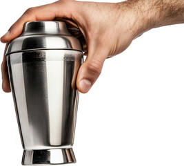 Hand holding a stainless steel cocktail shaker, isolated on white background