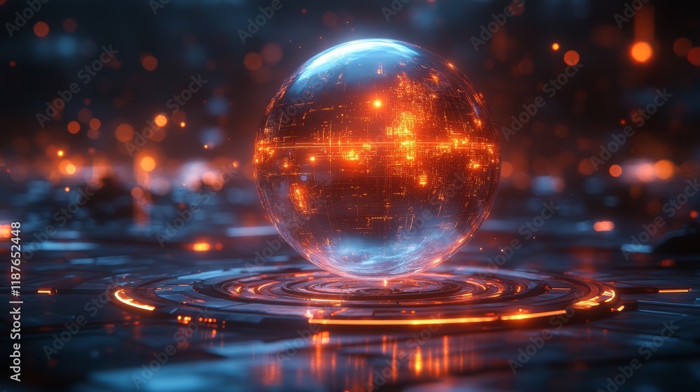 Poster glowing futuristic sphere with digital circuits in a high-tech environment