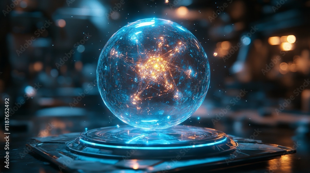 Poster futuristic holographic sphere with glowing network in sci-fi setting