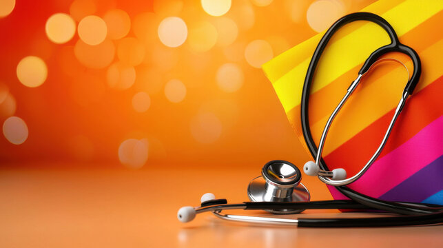 Colorful pride flag with stethoscope symbolizes inclusivity in healthcare. This vibrant image represents support for LGBTQ+ community and promotes diversity in medical professions