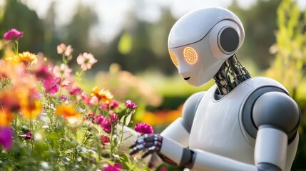 Futuristic robot interacting with colorful garden flowers in bright daylight