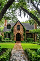 Beautiful brick house surrounded by lush greenery and a well-manicured garden in a serene neighborhood during the afternoon