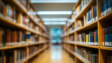 Abstract blurred interior of public library with bookshelves, defocused effect for business or education background