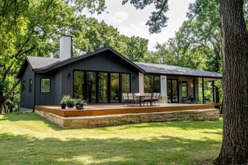 Obraz premium A contemporary black house features expansive windows and a spacious deck, nestled amidst vibrant greenery in a tranquil residential neighborhood