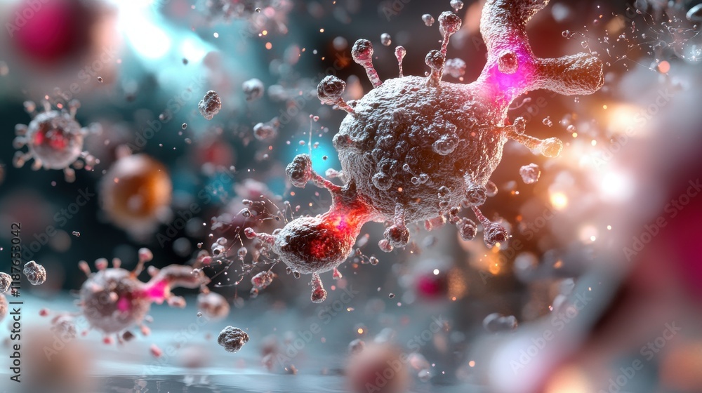Poster a vibrant, detailed close-up of microscopic organisms, showcasing their intricate structures and dyn