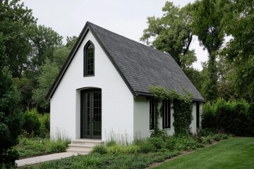 Obraz premium Cozy white cottage nestled in lush greenery, showcasing a charming architectural design surrounded by trees and flowering plants in the early afternoon light