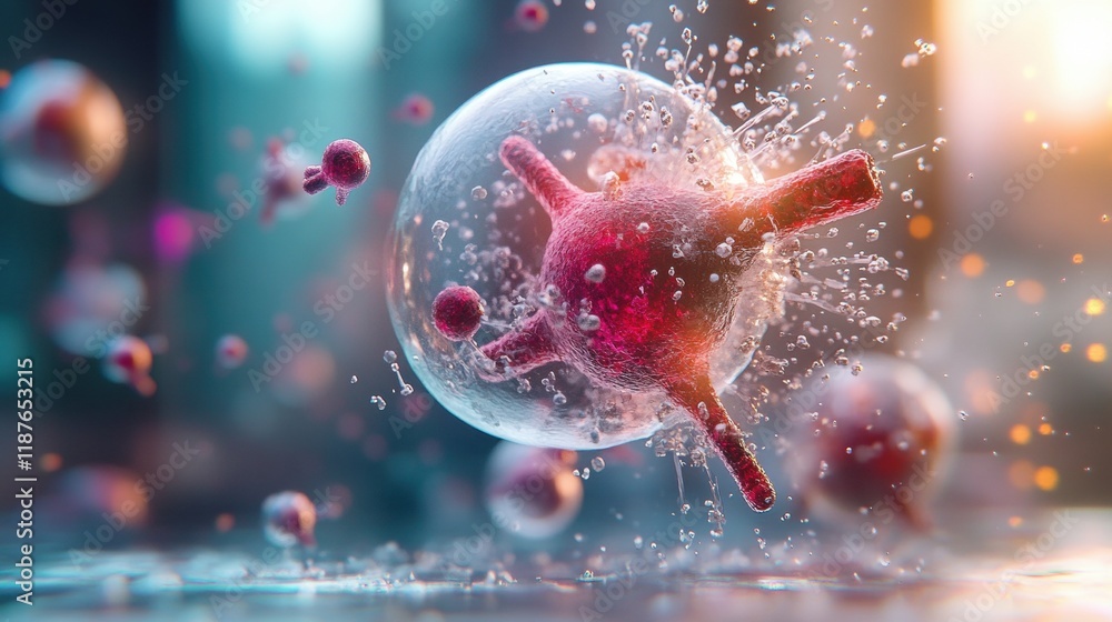 Poster a vibrant depiction of virus particles in a dynamic environment, showcasing molecular structures and