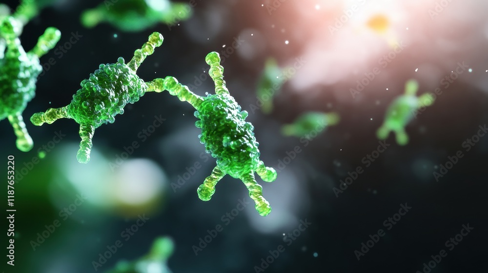 Poster abstract representation of green microorganisms floating in a dark environment with a glowing backgr
