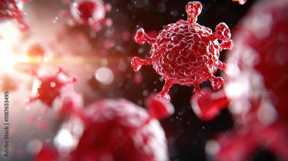 Poster a vivid depiction of virus particles, showcasing their intricate structure and vibrant red color aga