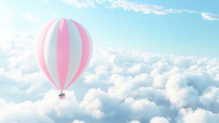 Fototapeta premium Dreamy Balloon in Cloudy Sky. Pink & white striped balloon floats against fluffy clouds. Romantic & whimsical. Carefree & lighthearted atmosphere