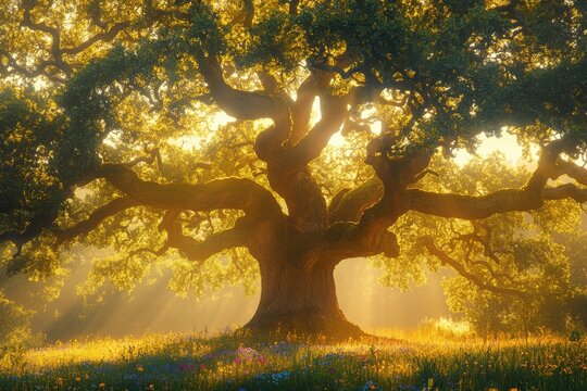 Ancient oak tree in sunlit meadow with wildflowers and mist
