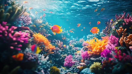 Naklejka premium Vibrant coral reef teeming with colorful fish and diverse marine life under sunlit ocean water.