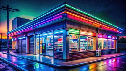 Neon Convenience Store at Night - Architectural Photography AI Art