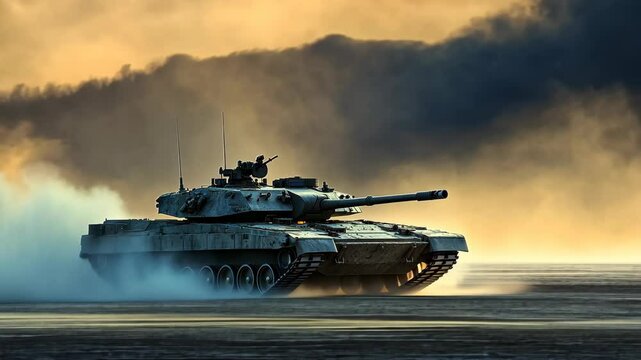 Powerful tank maneuvers through smoke and dust during a military exercise in a dramatic sunset backdrop
