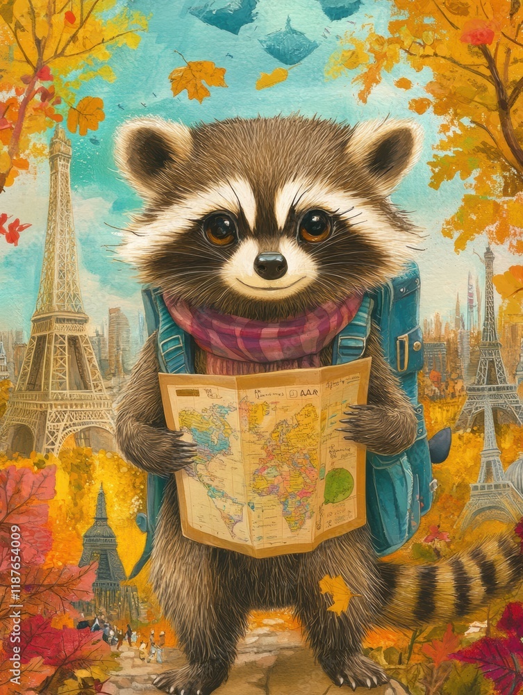 Aufkleber Raccoon explorer with a map in front of famous landmarks during autumn colors. Generative AI