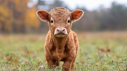 Fototapeta premium Cute calf in autumn field, farm background, nature image, livestock