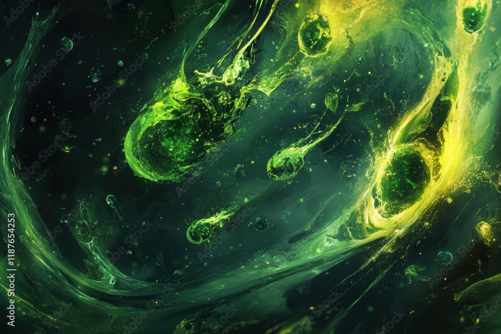 Fototapete Swirling bacteria and microbes dynamically move through a vibrant liquid environment filled with shades of green and yellow. Generative AI