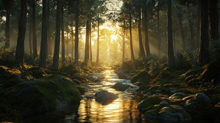 Fototapeta premium Sunrise forest stream, misty path, tranquil nature scene, peaceful background