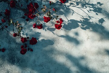 Red roses scattered on a textured surface cast shadows
