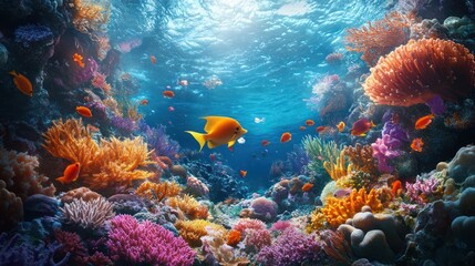 Naklejka premium Vibrant coral reef teeming with colorful fish and diverse marine life under sunlit water.
