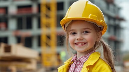 Young caucasian female child smiling in construction gear at building site