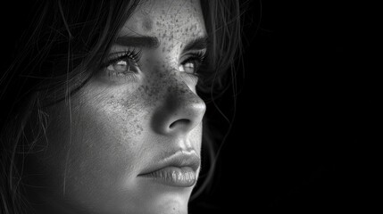Close-up black and white portrait of a woman with long hair, freckles, and intense gaze focusing on the distance, evoking deep emotions and subtle introspection