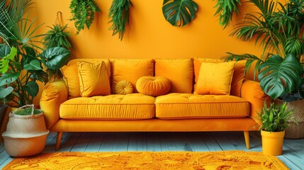 Bright Orange Sofa Surrounded by Lush Green Plants in a Modern Living Room with Vibrant Decor, Showcasing Stylish Interior Design Aesthetics and Simple Elegance