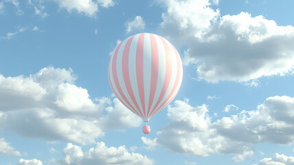 Naklejka premium Dreamy Balloon in Cloudy Sky. Pink & white striped balloon floats against fluffy clouds. Romantic & whimsical. Carefree & lighthearted atmosphere