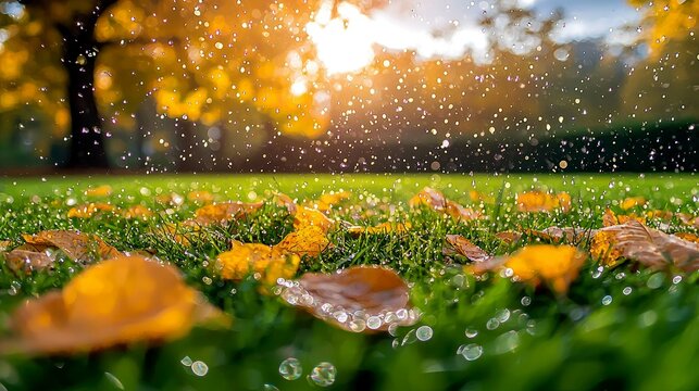 Autumn Rain: Golden Leaves on Lush Green Grass, a Peaceful Nature Scene
