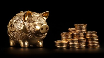 Intricately designed golden piggy bank with coin stacks on black background
