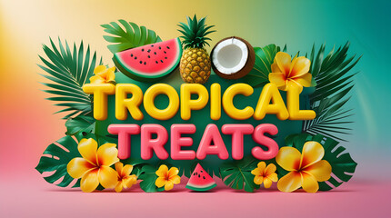Tropical treats text with fruit on leaves and colorful background for summer designs