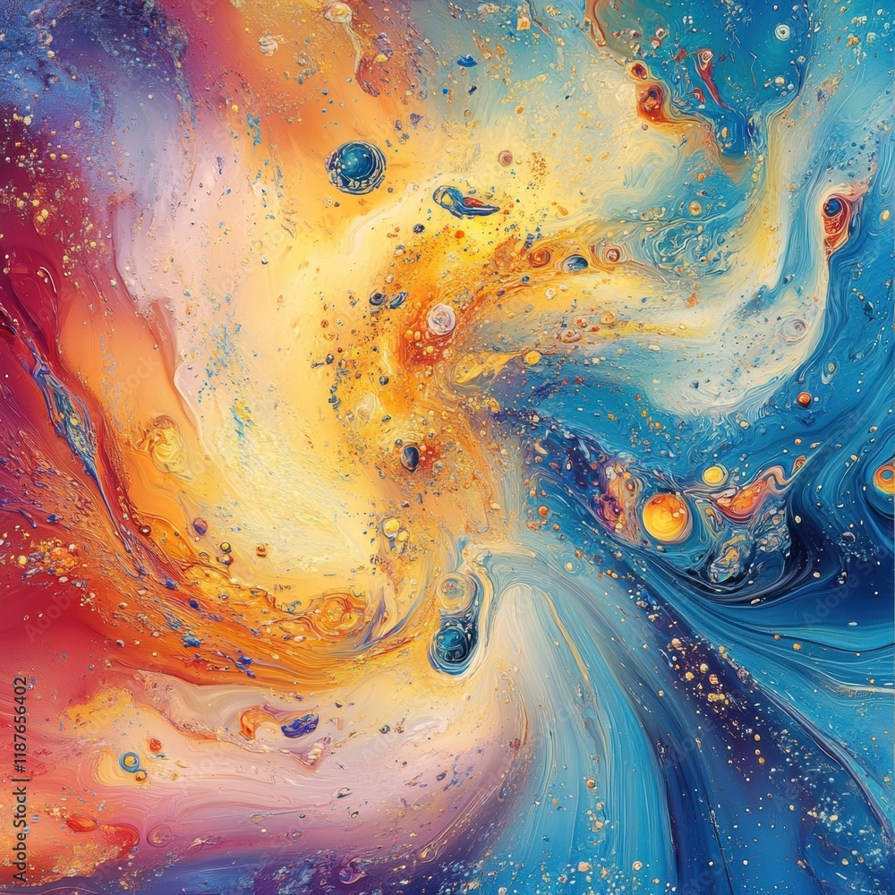 Poster swirling bacteria and microbes move through a vibrant liquid environment with dynamic colors and tex