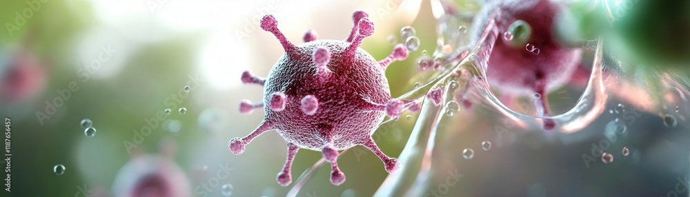 Poster a close-up view of a virus, showcasing its structure and details in a vibrant and scientific context