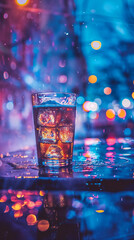Refreshing drink with ice cubes in glass against blurred neon lights background, creating a vibrant atmosphere with purple and blue bokeh reflections and water droplets