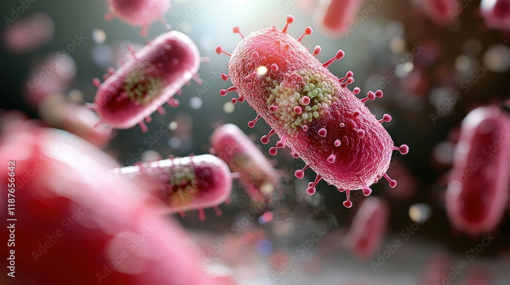 Poster a vibrant depiction of bacteria, showcasing their intricate structure and dynamic movement in a micr