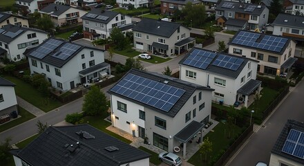 Fototapeta premium Solar Panels Installed on Rooftops – Showcasing Renewable Energy Solutions for Modern Residential Homes