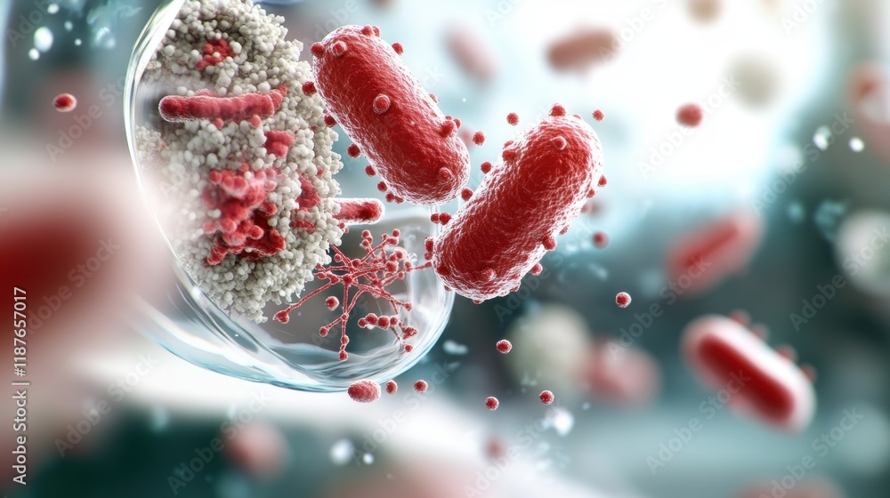 Poster a close-up view of bacteria interacting with cells, highlighting microbial structures and the comple