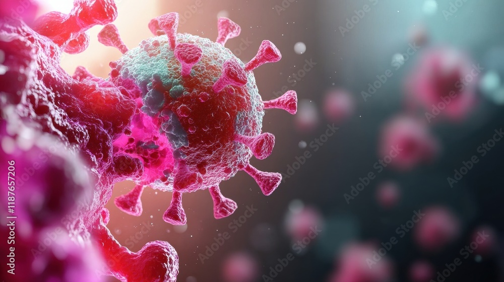 Poster a vibrant microscopic view of a virus, showcasing its structure with spikes and a colorful backgroun