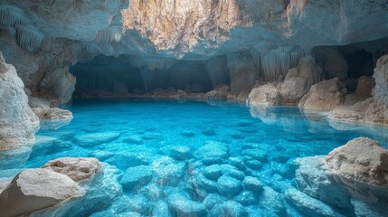 Serene underground cave with crystal clear blue water and stalactites
