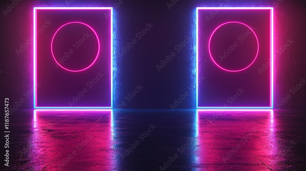 Aufkleber two neon rectangles with circles, reflecting on wet floor.