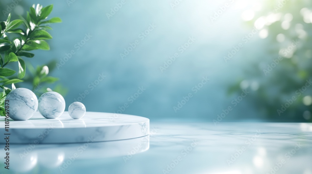 Poster a serene tabletop scene featuring marble objects and greenery, illuminated by soft light, evoking tr